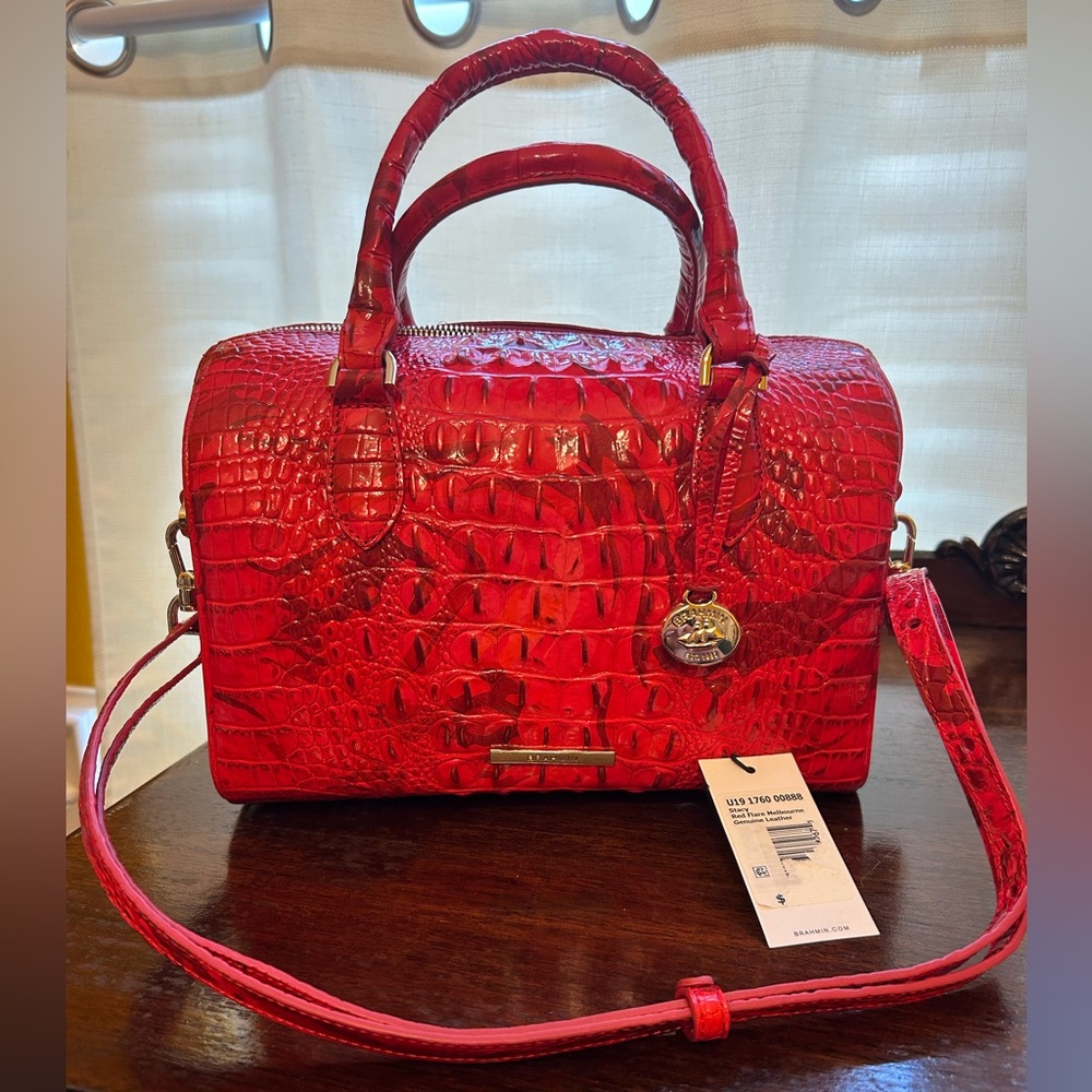 Brahmin Stacy Red Flare Melbourne Genuine Leather Crocodile Embossed Handbag NWT